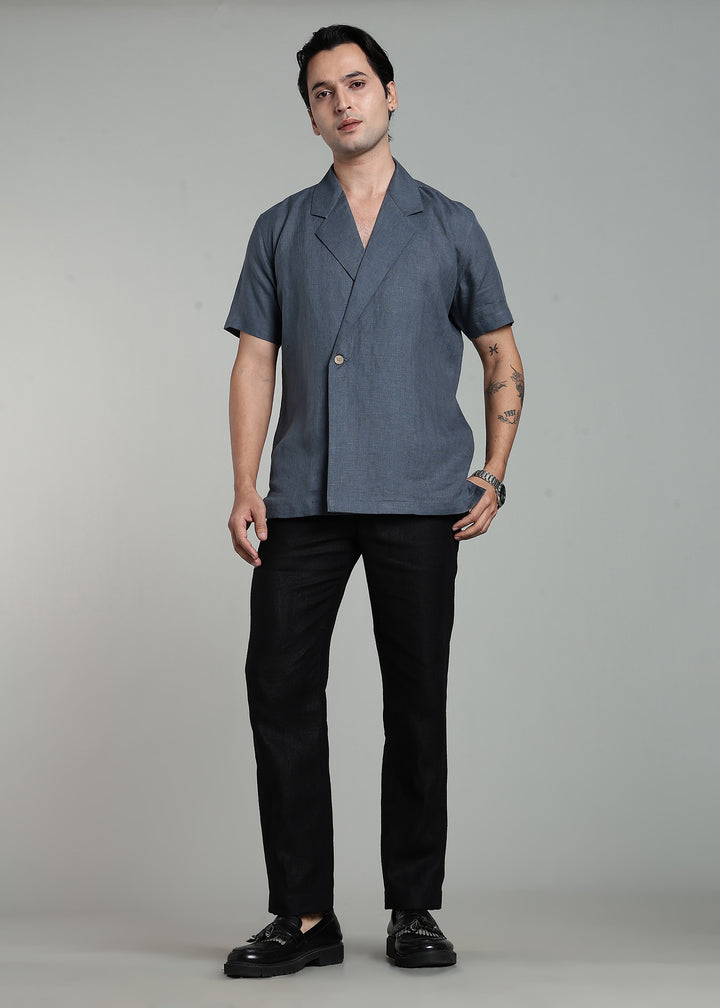 Kaze - Pure Linen Half Sleeve Notch Lapel Shirt - Gunmetal Grey