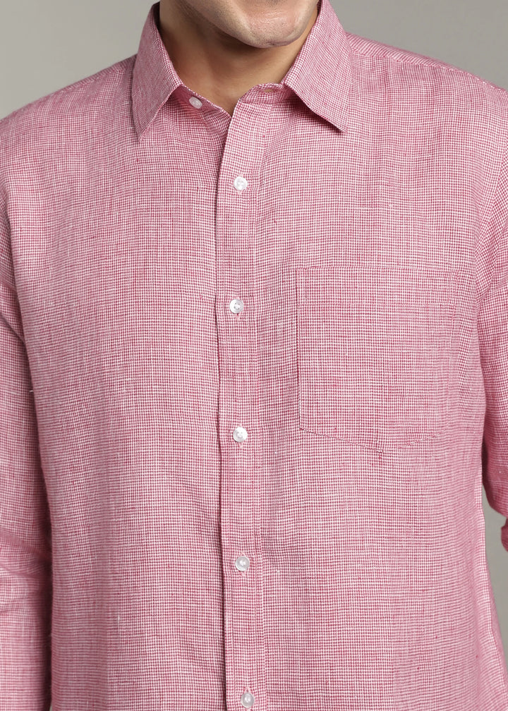 Harvey - Pure Linen Full Sleeve Shirt - Red Houndstooth