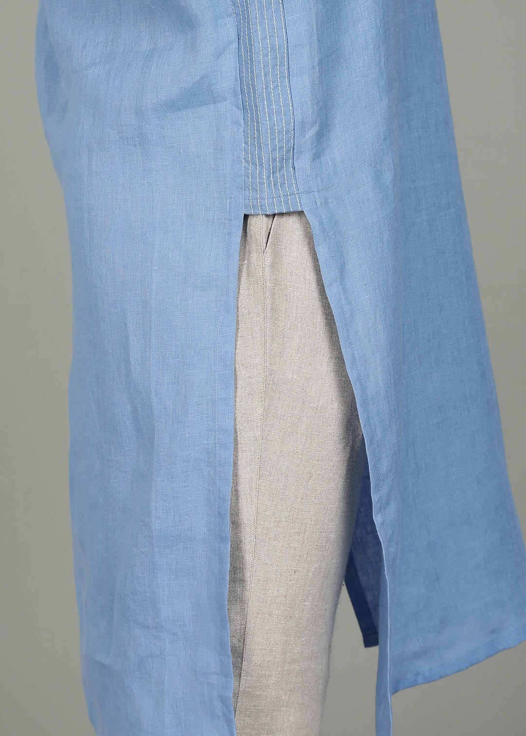 Anvay Long Kurta Set - Pure Linen Kurta Set with Placket and Side Detailing - Olympic Blue & Ecru