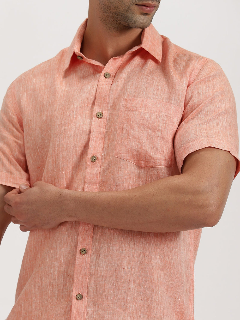 Bryce - Pure Linen Chambray Half Sleeve Shirt - Orange | Rescue