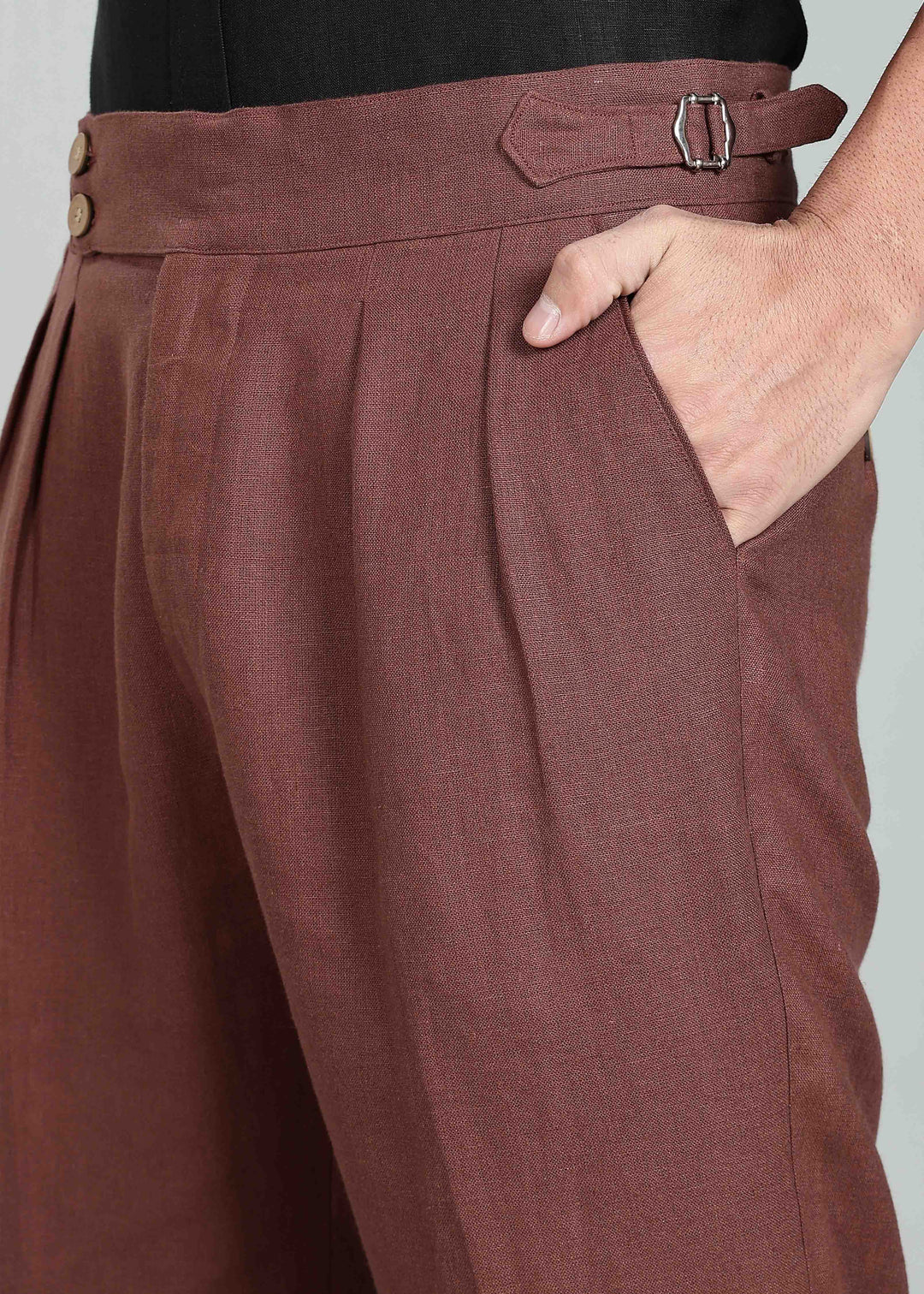 Wes Pants - Pure Linen Pleated Trousers with Adjustable Waistband - Amber Brown