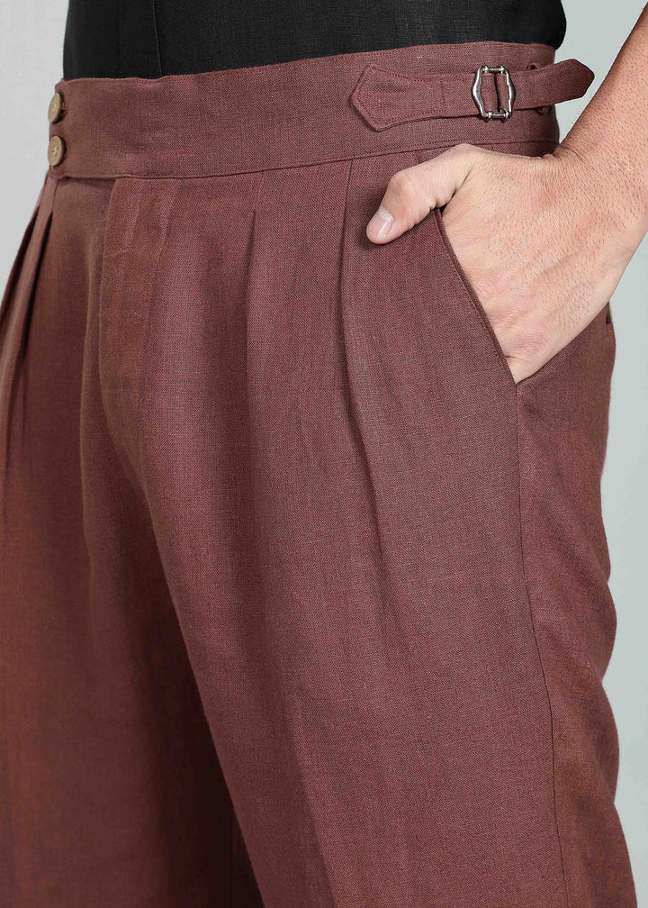 Wes Pants - Pure Linen Pleated Trousers with Adjustable Waistband - Amber Brown