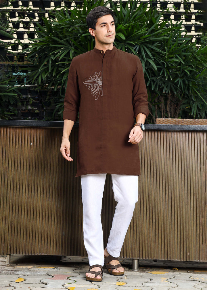 Yash Kurta - Pure Linen Kurta with Floral Embroidery | Coffee Brown