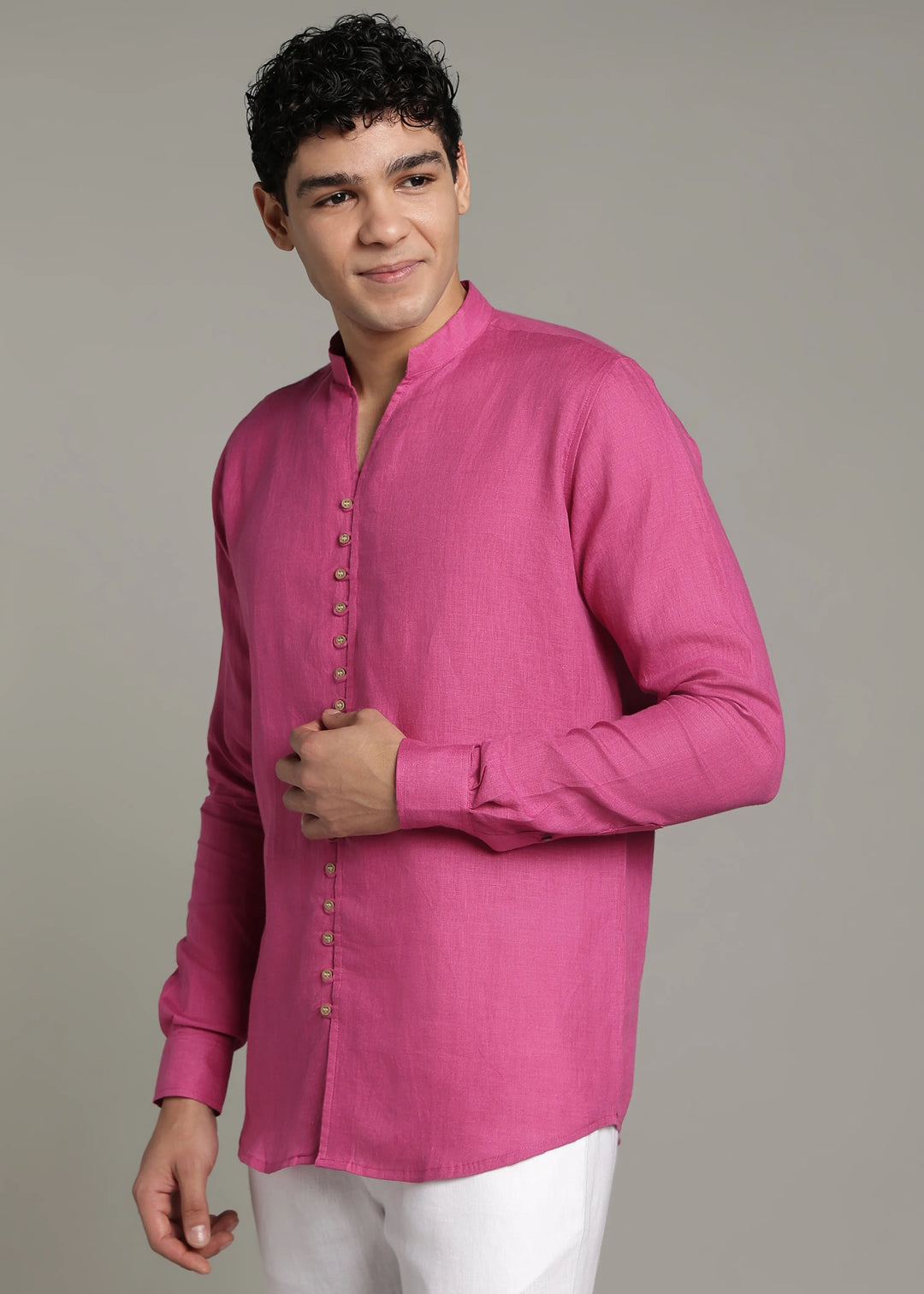 Yue - Pure Linen V Neck Full Sleeve Shirt - Raspberry Pink