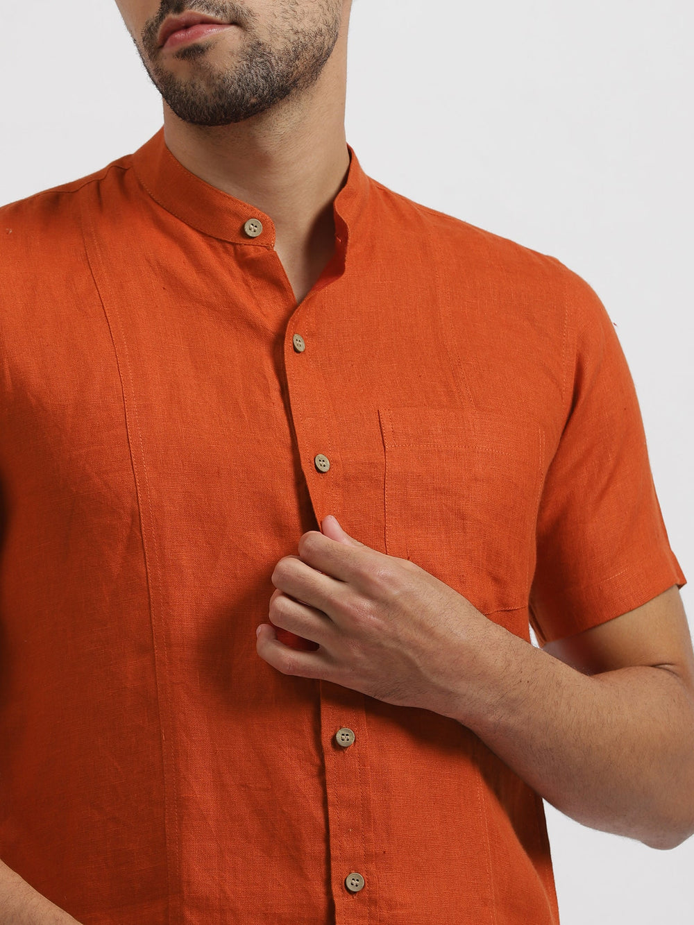 Trevor - Pure Linen Mandarin Collar Half Sleeve Shirt - Rust | Relove