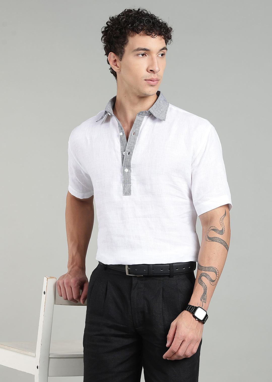 Fred - Pure Linen Polo T-Shirt - Black Houndstooth & White