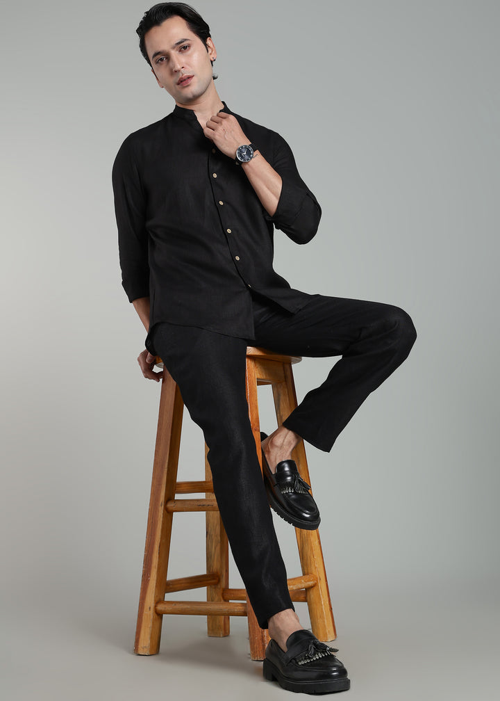 Craig - Pure Linen V Neck Full Sleeve Shirt - Black