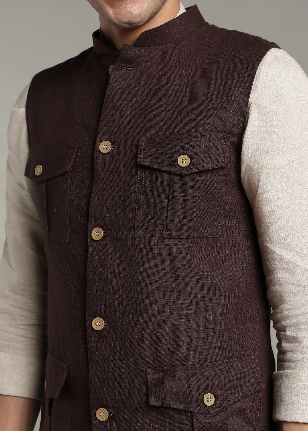 Safar - Multi Pocket Pure Linen Nehru Jacket - Cocoa Brown