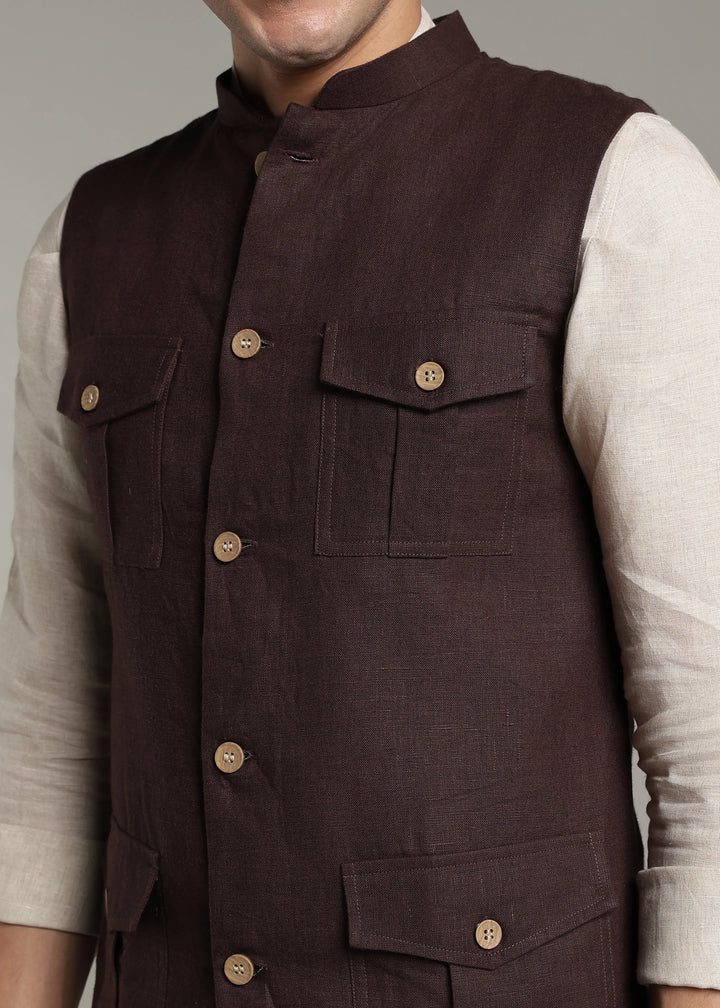Safar - Multi Pocket Pure Linen Nehru Jacket - Cocoa Brown