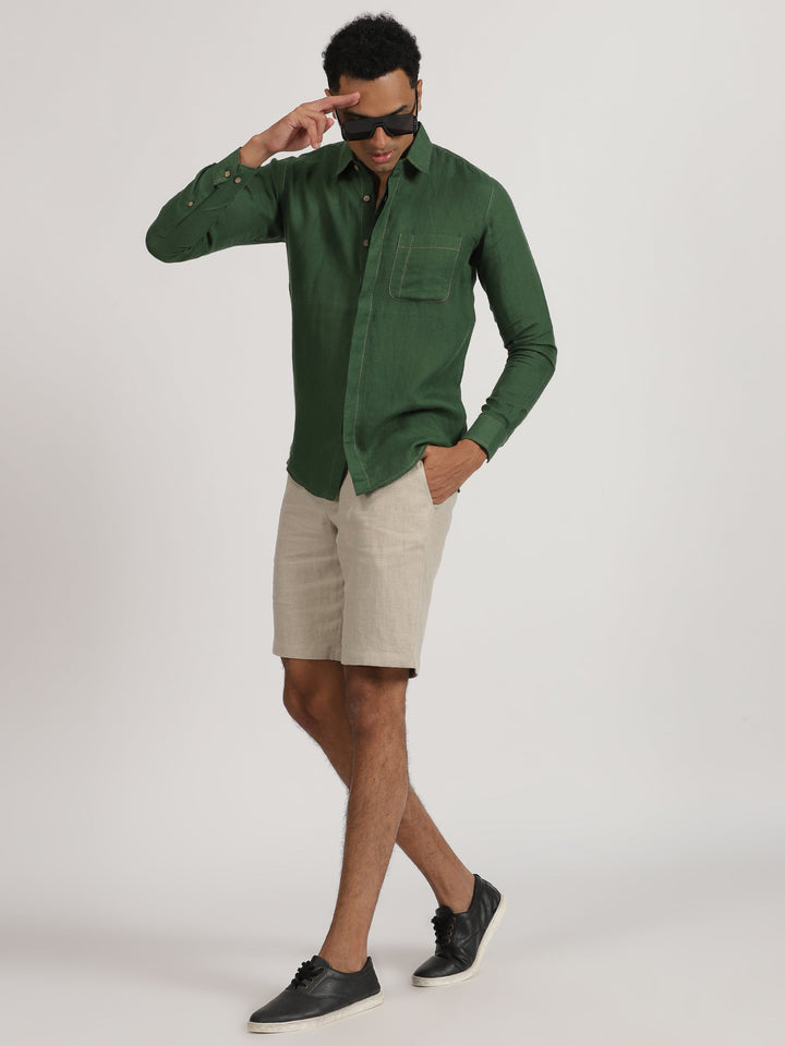 Paul - Pure Linen Stitch Detailed Full Sleeve Shirt - Dark Green | Rescue