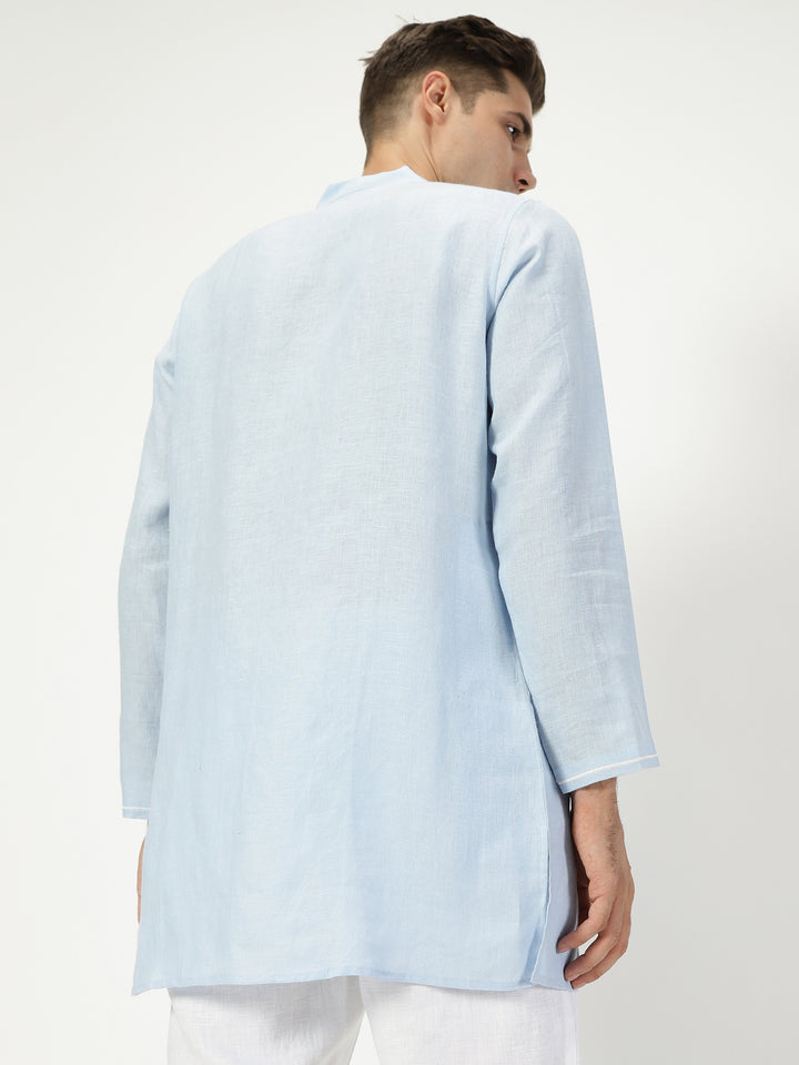 Ved - Embroidered Full Sleeve Chambray Pure Linen Short Kurta - Light Blue