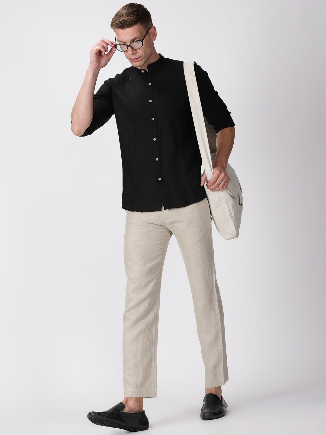 Trevor - Pure Linen Mandarin Collar Full Sleeve Shirt - Black