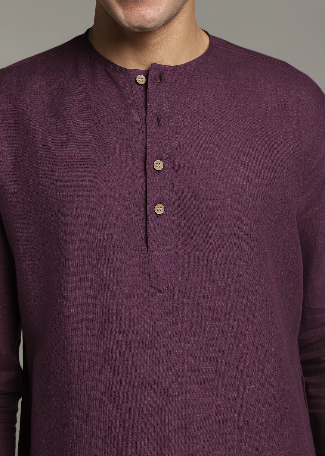 Zouq - Full Sleeve Collarless Pure Linen Mid Kurta  - Dark Purple