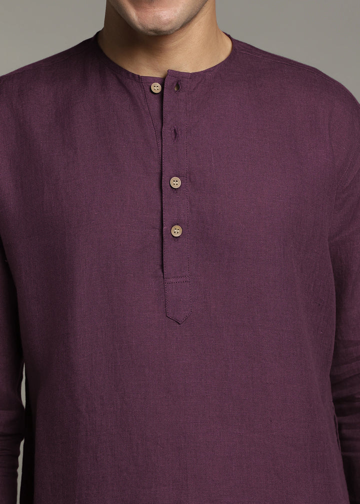Zouq - Full Sleeve Collarless Pure Linen Mid Kurta  - Dark Purple