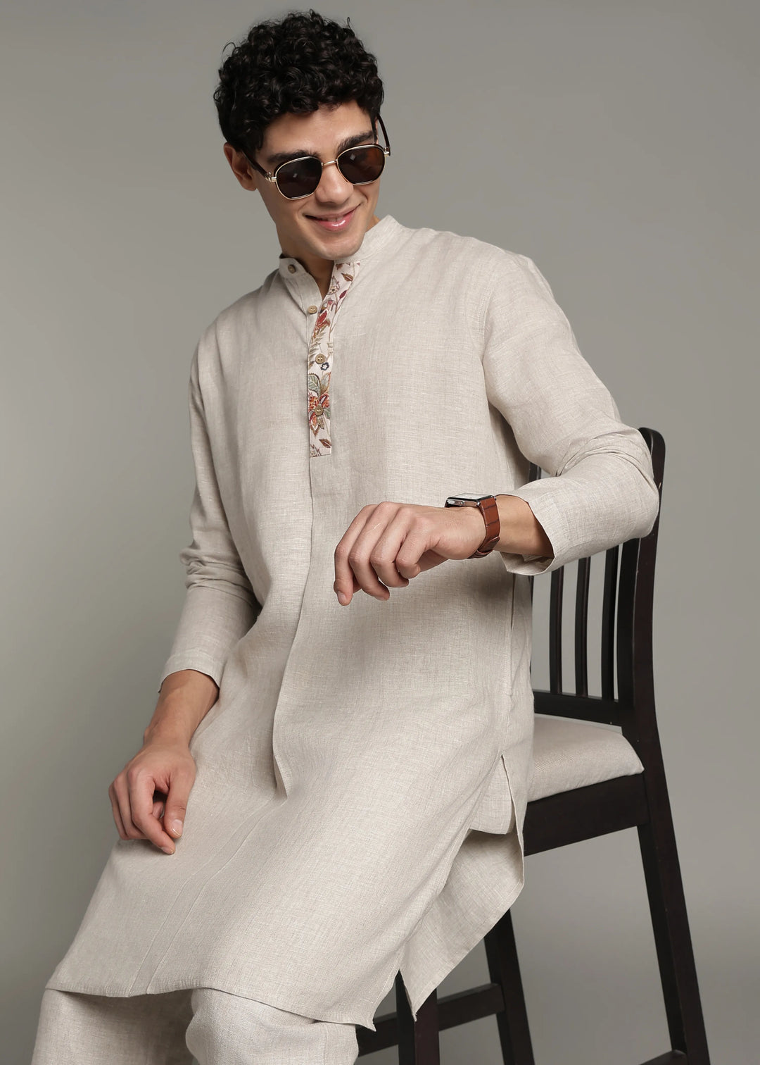 Vansh - Pure Linen Regular Kurta with Printed Placket detail - Ecru