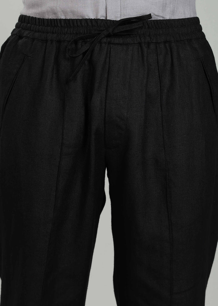 Art Pants - Pure Linen Elastic Casual Pants with Drawstrings - Black