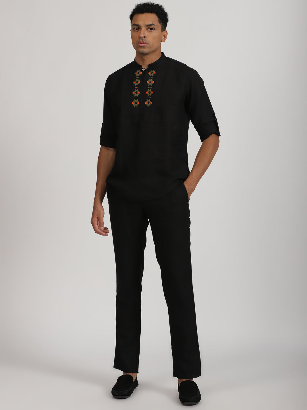 Kai - Pure Linen Embroidered Long Sleeve Shirt - Black