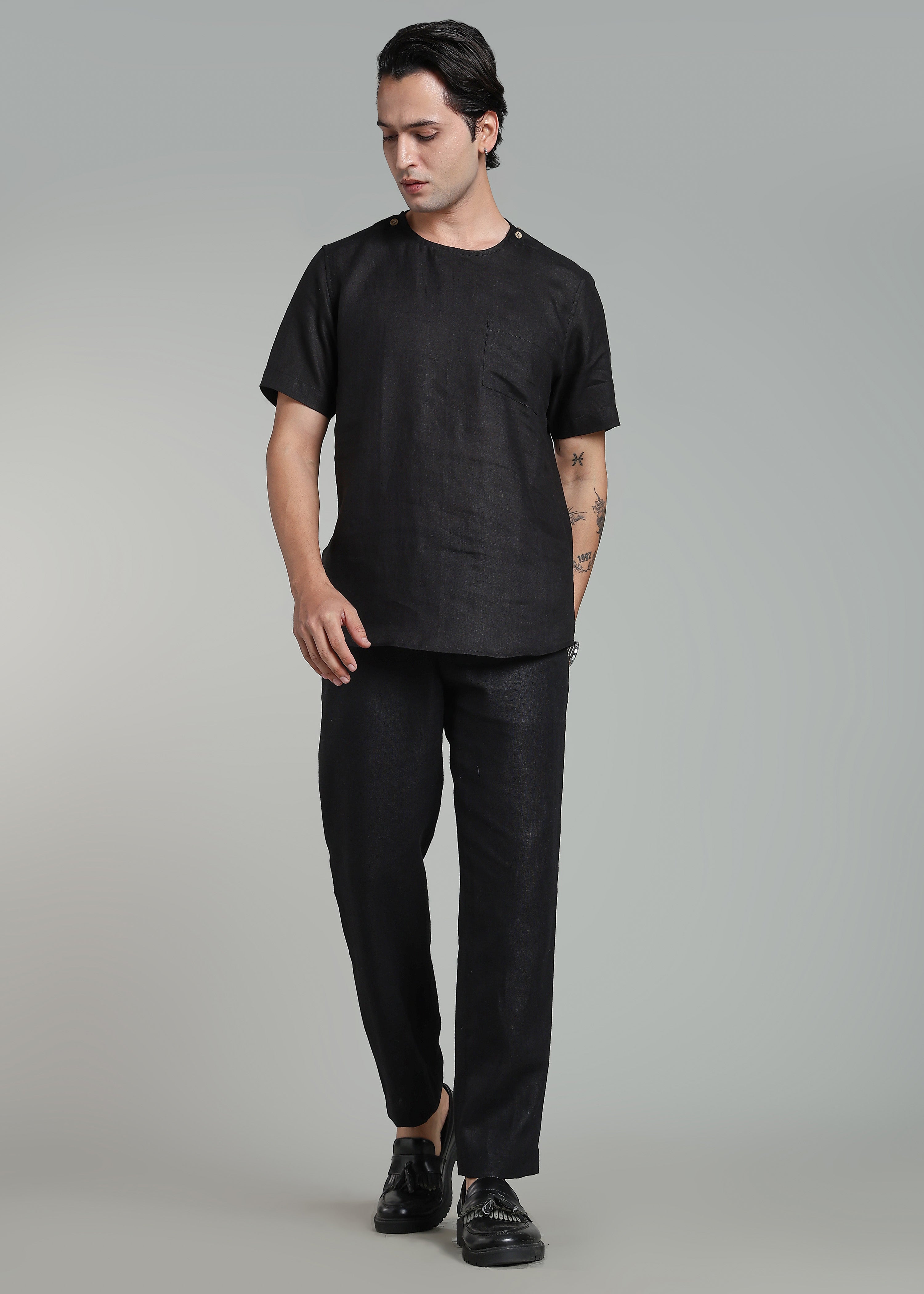 Pure Linen T-Shirt with Side Double Button Closure for Men – Linen