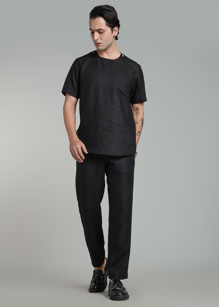 Nero - Pure Linen T-Shirt with Side Double Button Closure – Black