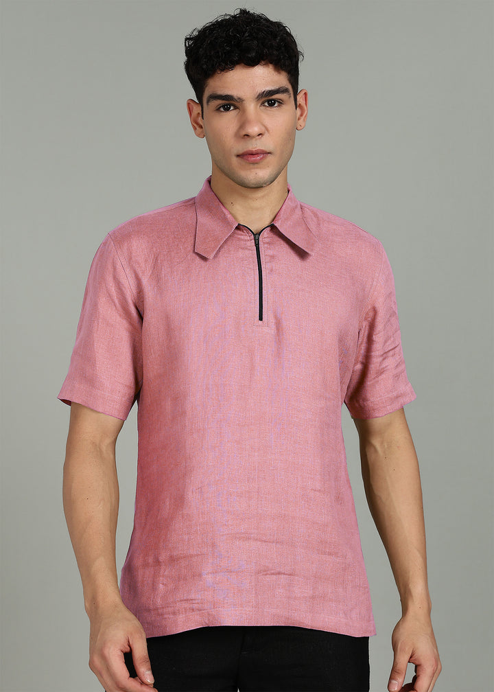 Aero - Pure Linen Front Zipper T-Shirt with Stylized Collar - Dusty Pink