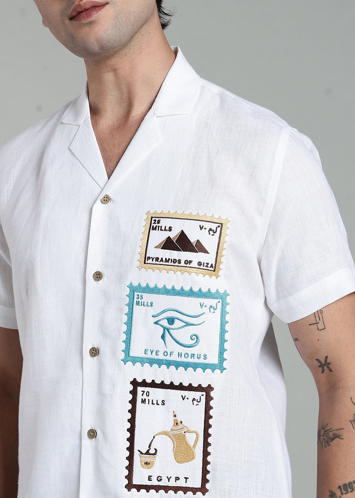 Serq - Pure Linen Half Sleeve Cuban Collar Shirt with Egypt Inspired Embroidery - White