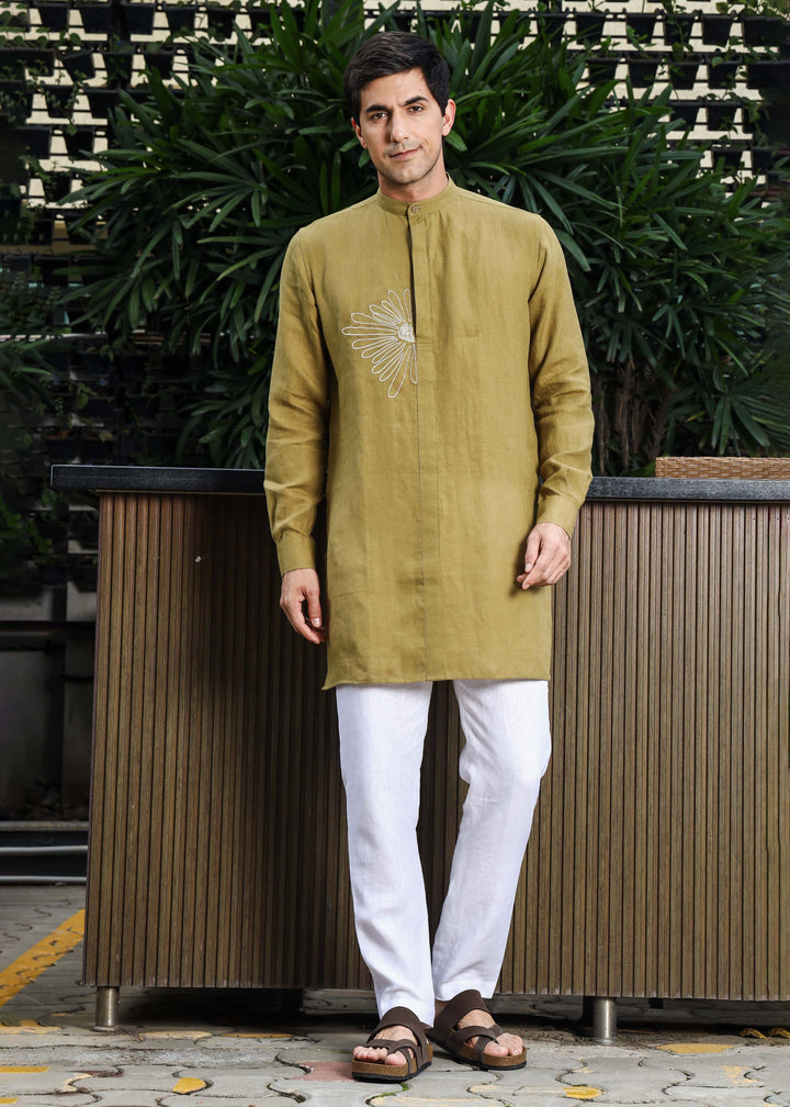 Yash Kurta - Pure Linen Kurta with Floral Embroidery | Golden Olive Green