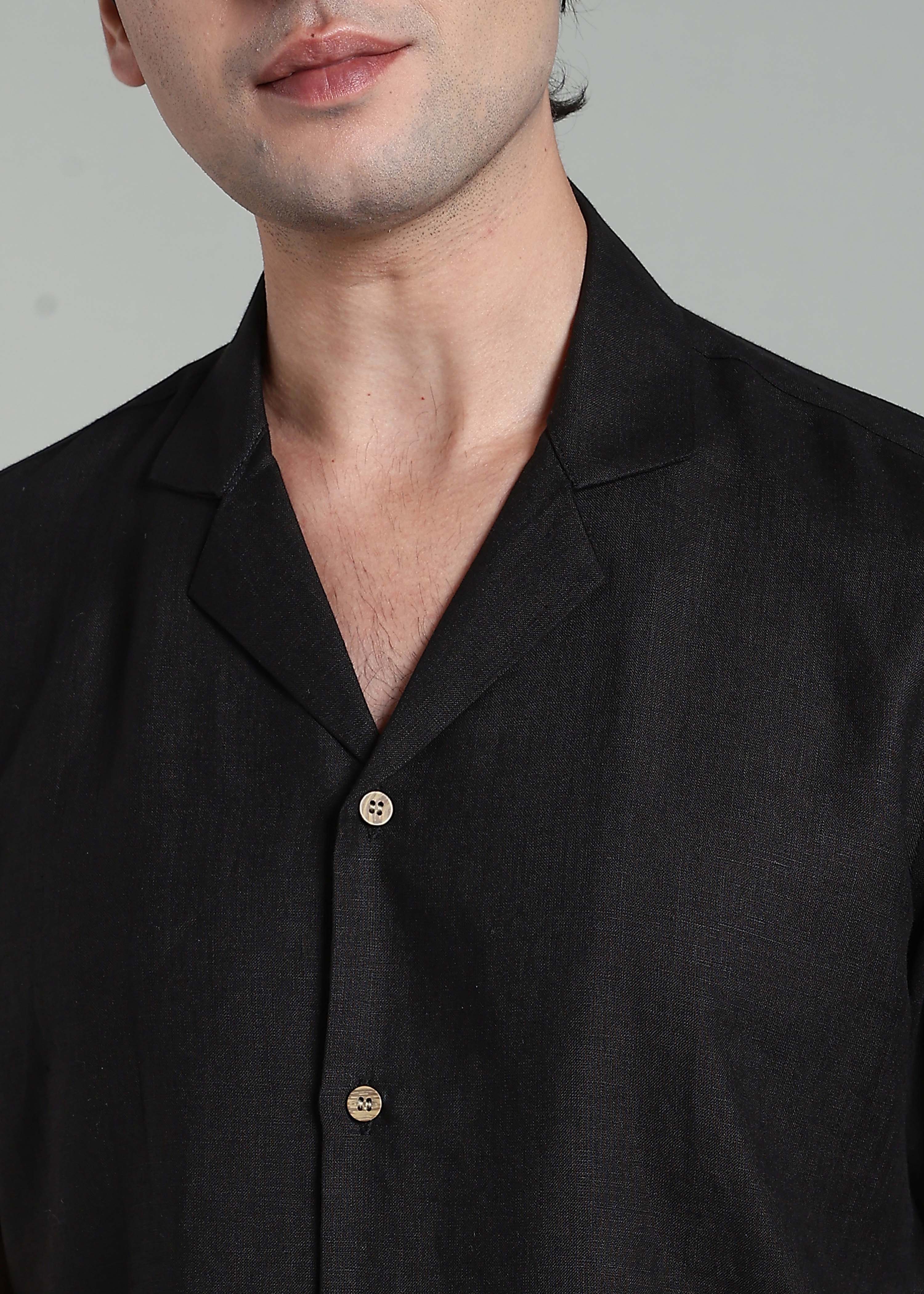 Black Cuban Collar Pure Linen Half Sleeve Shirt for Men – Linen Trail