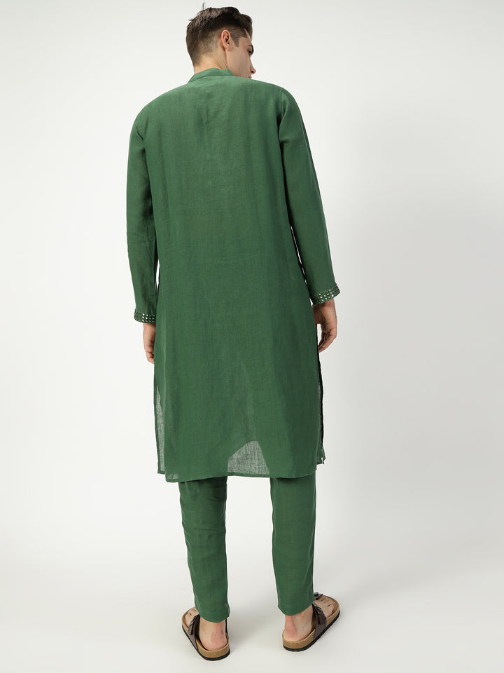 Veer Kurta Sets - Pure Linen Long Kurta with Mirror Work | Dark Green