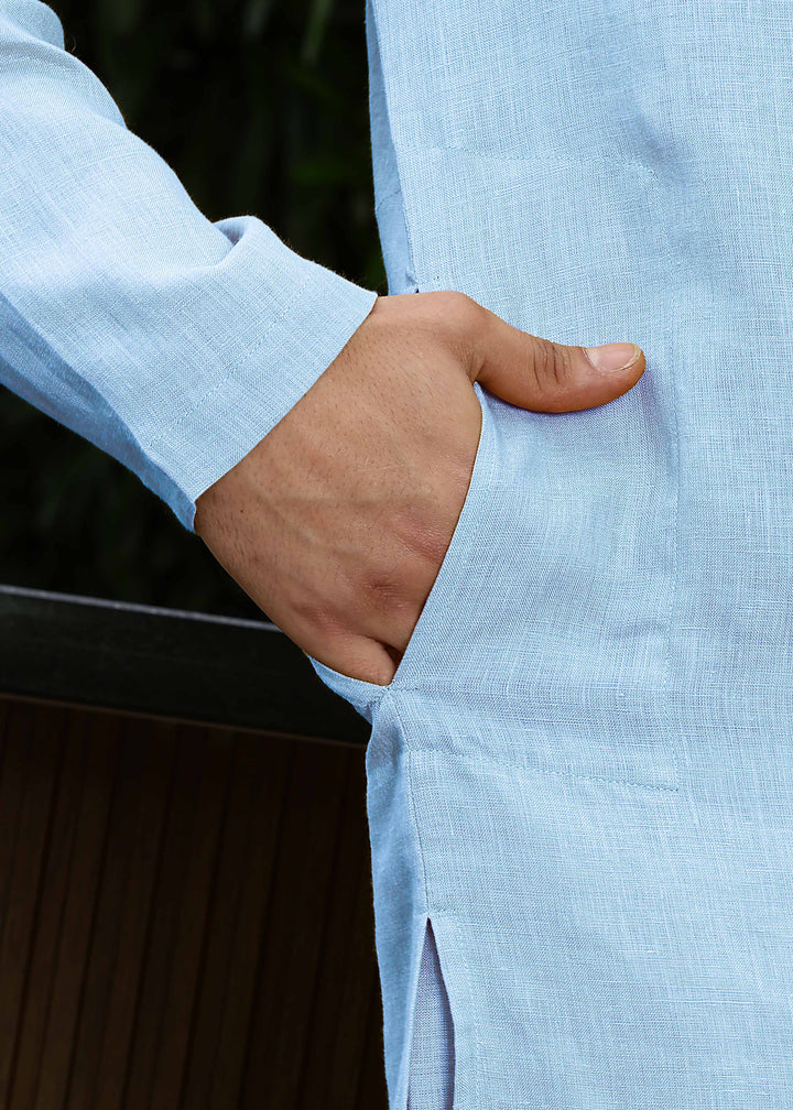 Shaan - Full Sleeve Band Collar Pure Linen Kurta - Olympic Blue