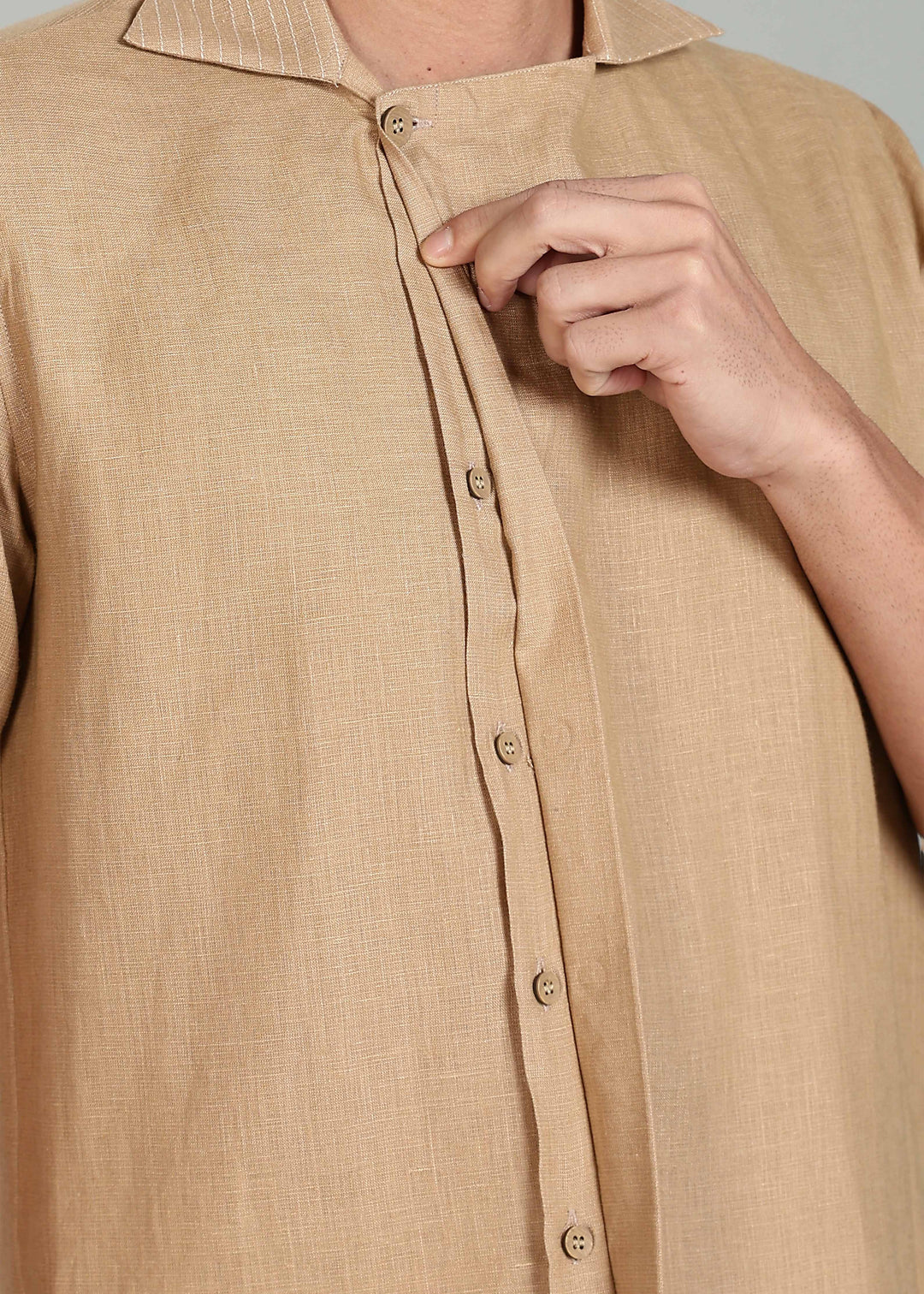 Sean Shirt - Pure Linen Half Sleeve Shirt with Concealed Placket - Oakwood Brown