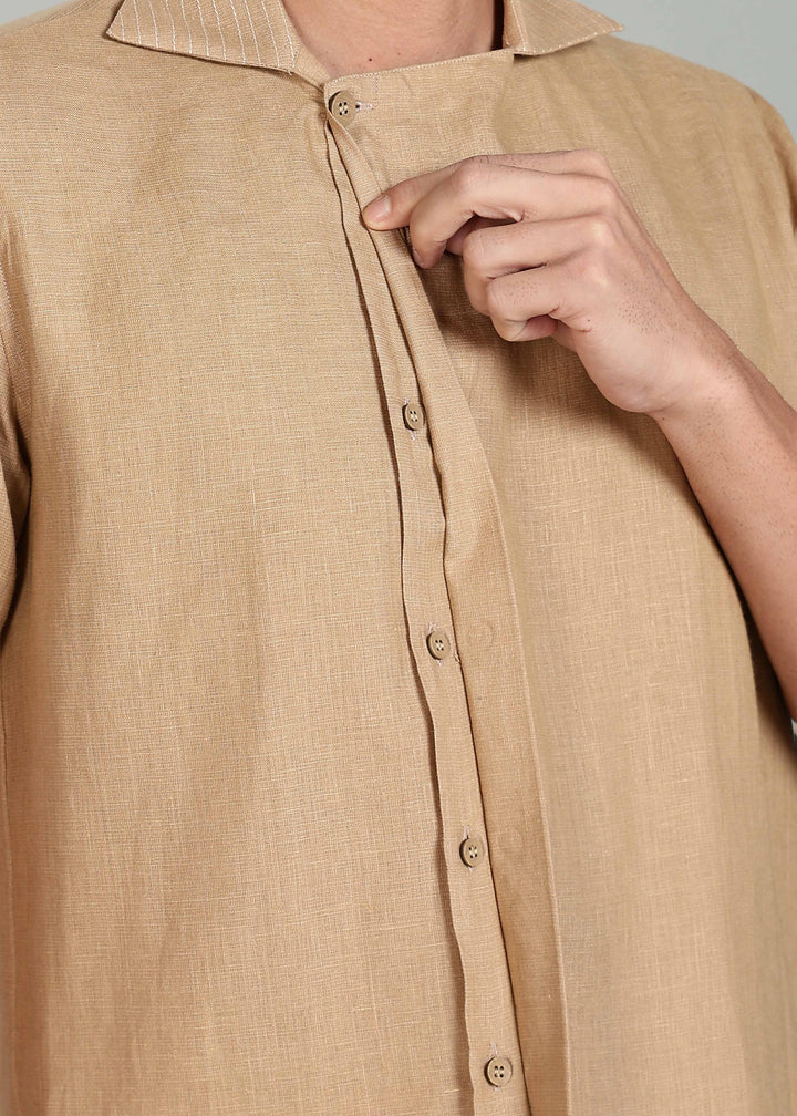 Sean Shirt - Pure Linen Half Sleeve Shirt with Concealed Placket - Oakwood Brown