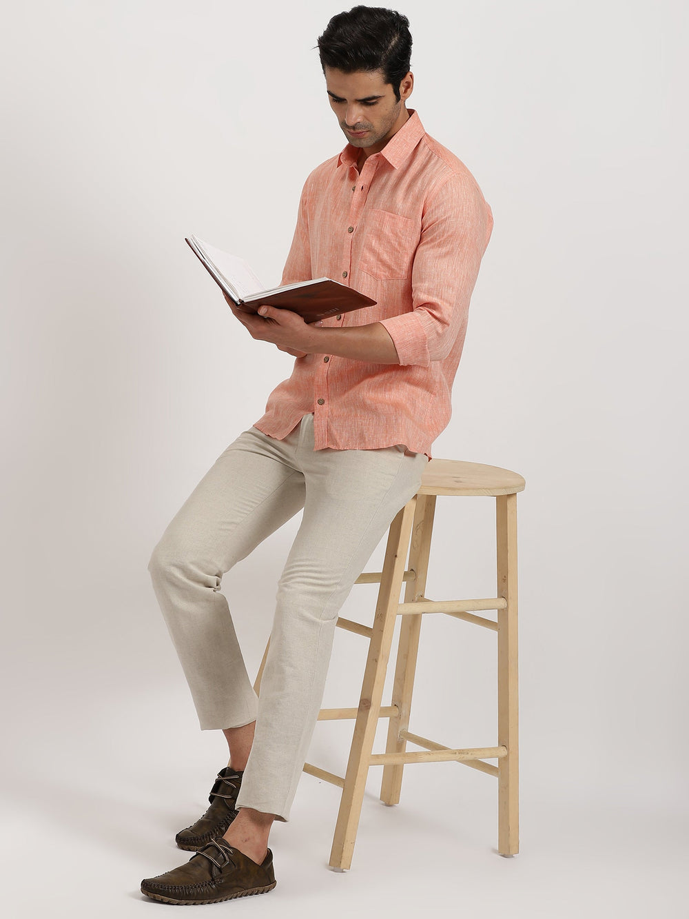 Bryce - Pure Linen Chambray Long Sleeve Shirt - Orange | Rescue