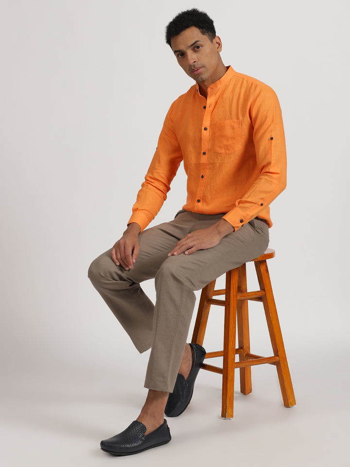 Louis- Men's Pure Linen Full Sleeve Shirt - Beer Orange