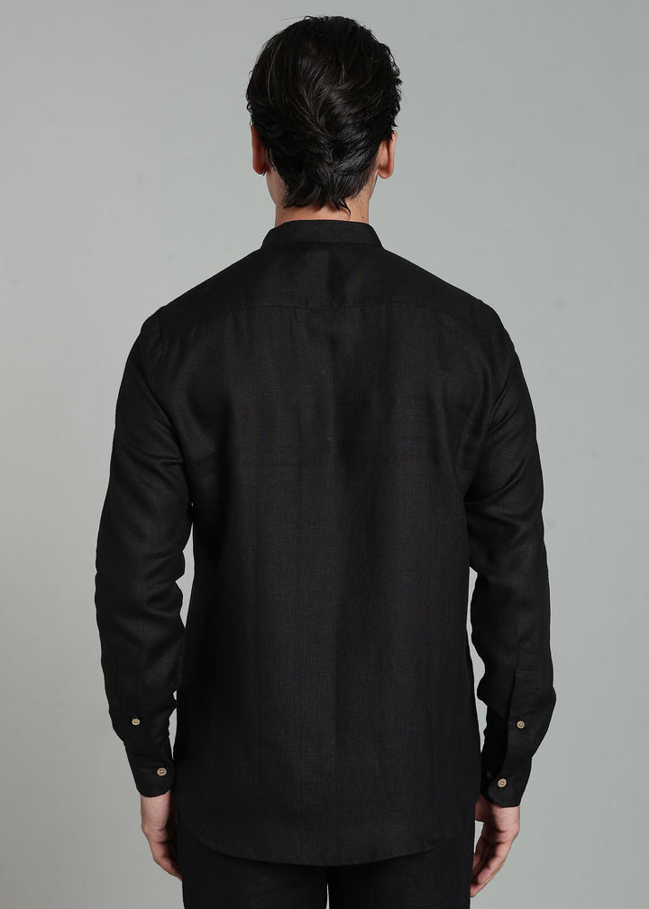 Noir - Pure Linen Full-Sleeve Shirt with Utilitarian Pocket Detail - Black