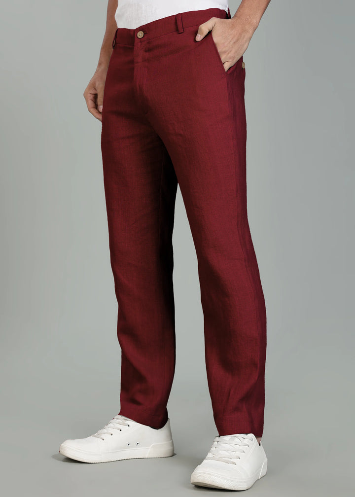 Ian Pure Linen Trousers - Dark Maroon