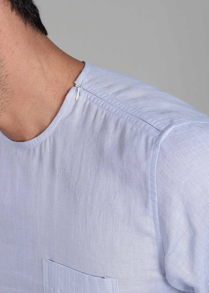 Simon - Pure Linen Stitch Detail Short Sleeve T-Shirt - Periwinkle Blue