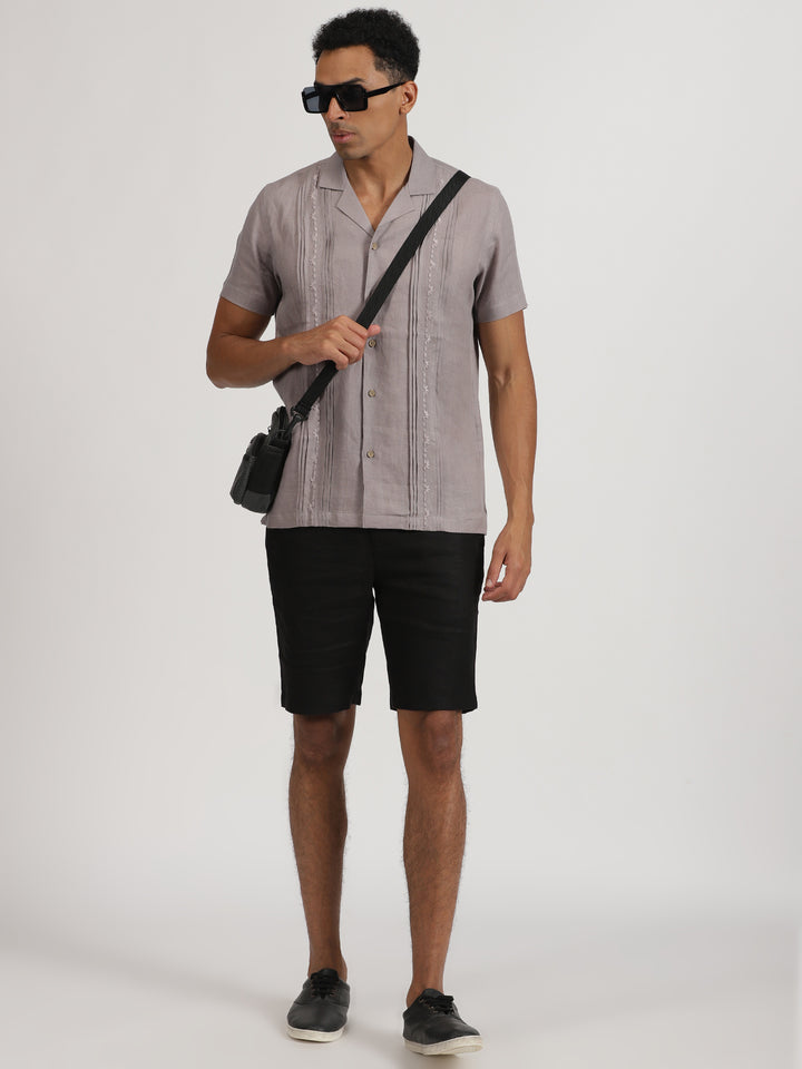 Cal - Pure Linen Hand Embroidered Half Sleeve Shirt - Cement Grey