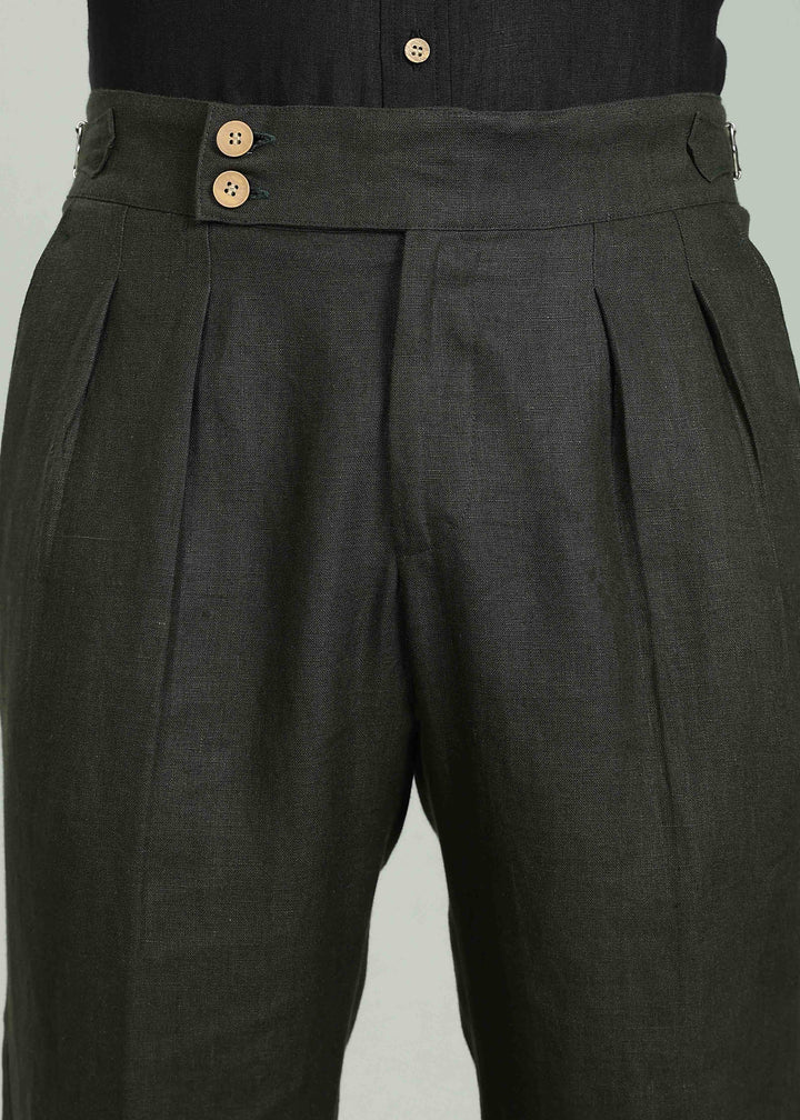 Wes Pants - Pure Linen Pleated Trousers with Adjustable Waistband - Dark Green
