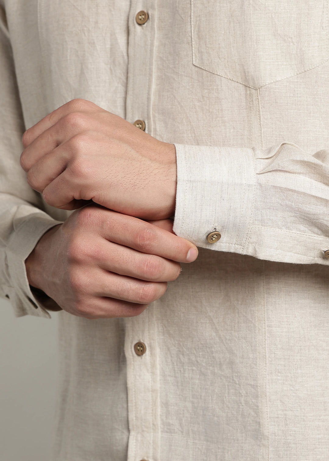 Amber - Pure Linen Full Sleeve Shirt with Embroidered Collar - Ecru
