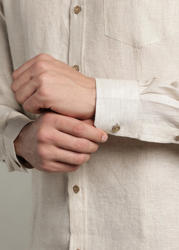 Amber - Pure Linen Full Sleeve Shirt with Embroidered Collar - Ecru