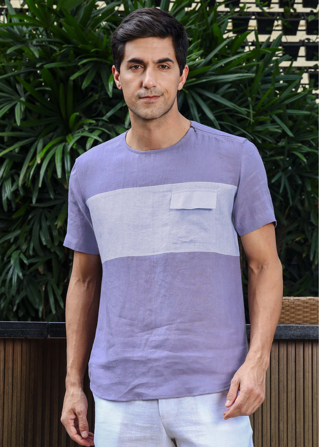 Zach - Double Colour Block Linen Short Sleeve T-Shirt - Lavender Violet & Periwinkle Blue