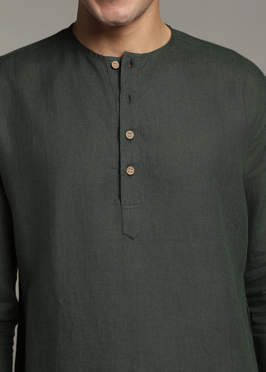 Zouq - Full Sleeve Collarless Pure Linen Mid Kurta  - Dark Fern Green