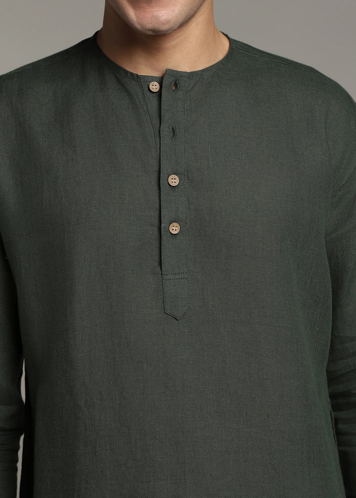 Zouq - Full Sleeve Collarless Pure Linen Mid Kurta  - Dark Fern Green