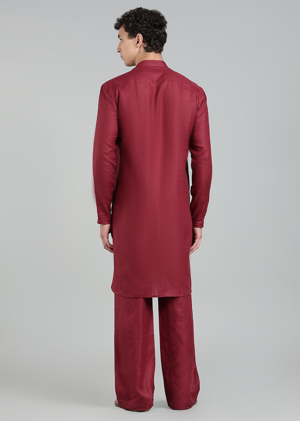 Karan - Pure Linen Mandarin Collar Regular Kurta - Red Wine