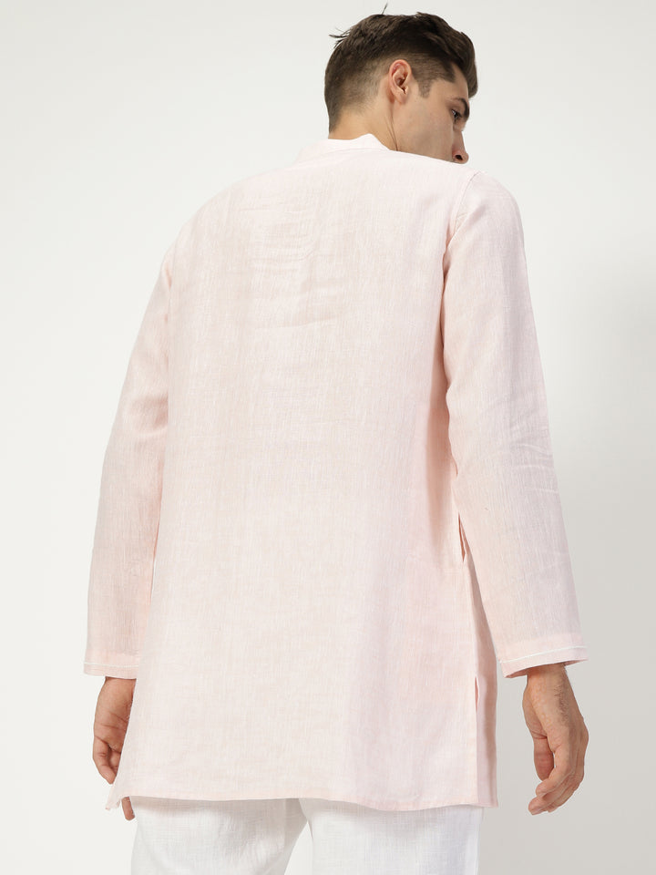 Ved - Embroidered Full Sleeve Chambray Pure Linen Short Kurta - Blush Pink