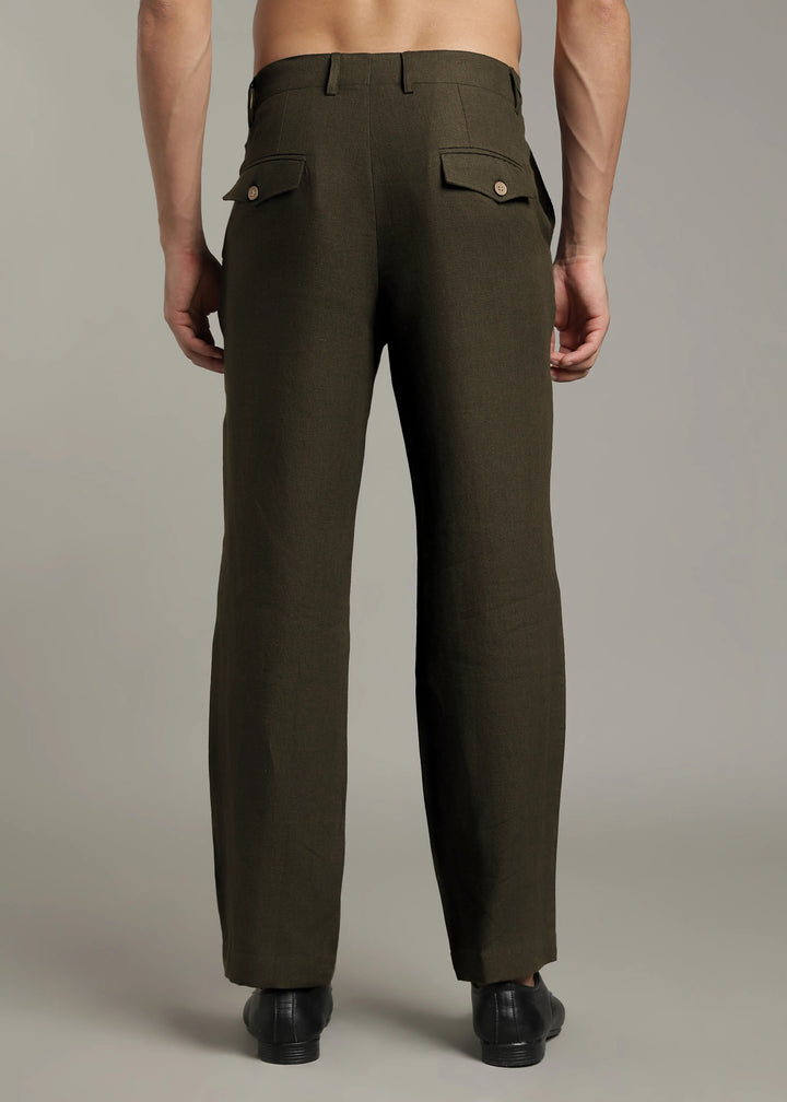 Ray - Pure Linen Trousers - Camo Green