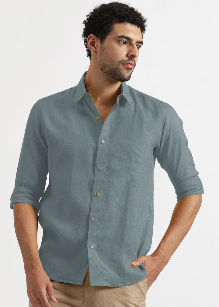Man wearing a 100% pure linen mineral grey shirt on a white background