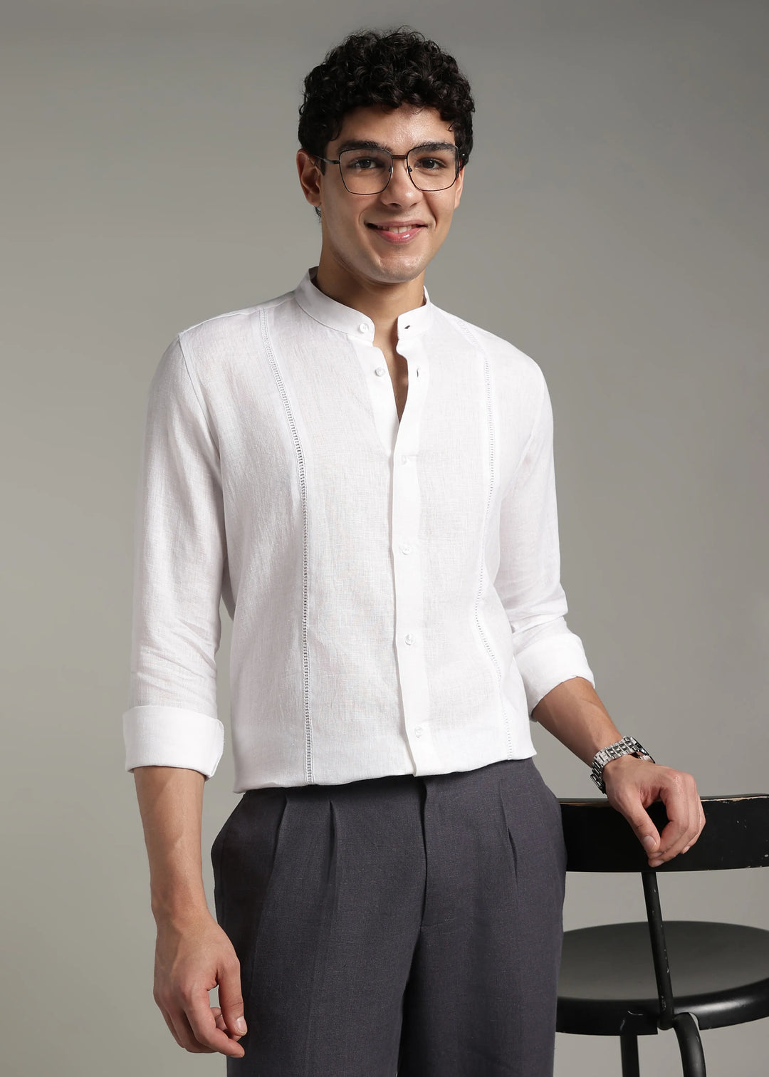 Zephr - Pure Linen Mandarin Collar Lace Detail Full Sleeve Shirt - White