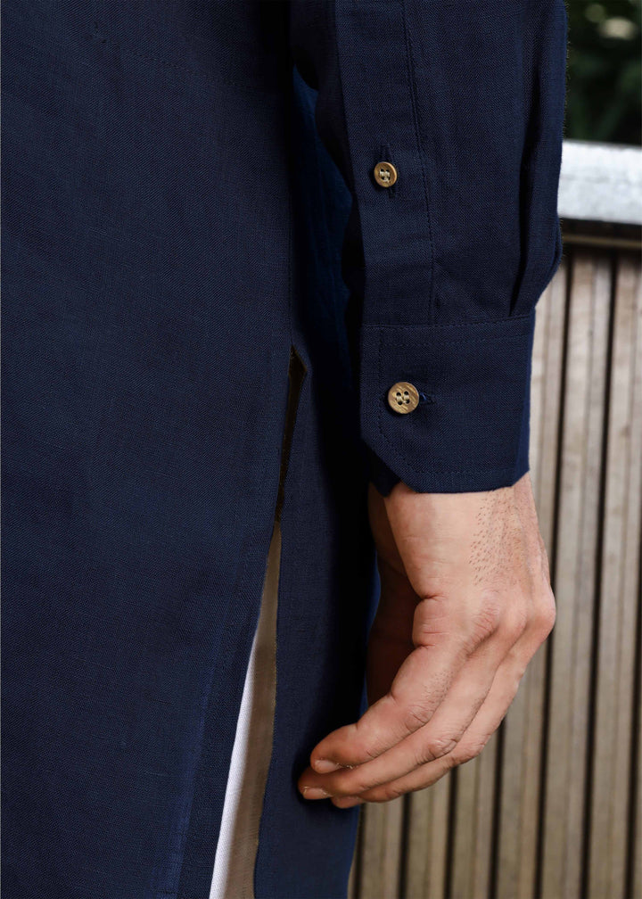 Yash Kurta - Pure Linen Kurta with Floral Embroidery | Dark Blue