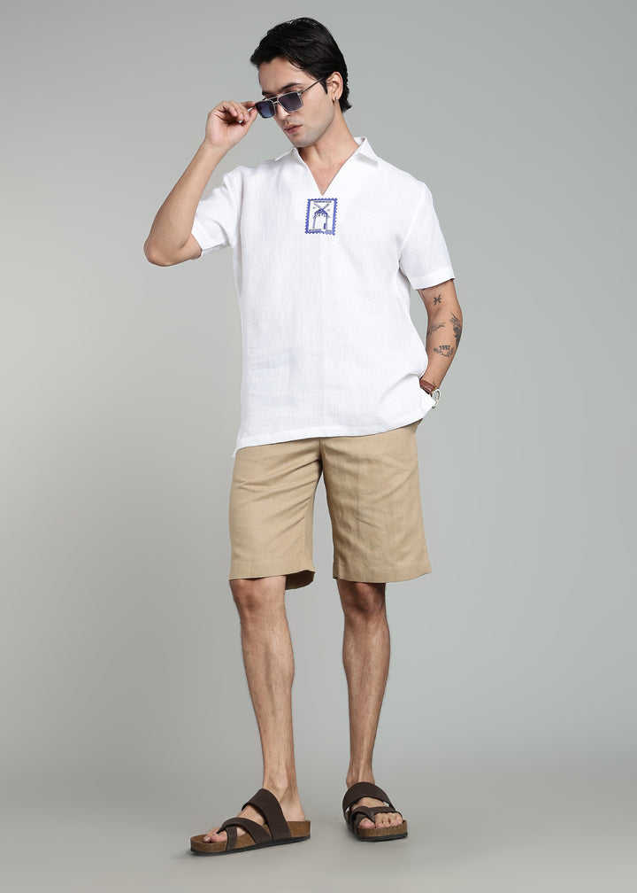 Vento - Pure Linen Relaxed V Neck T Shirt - White with Blue Embroidery